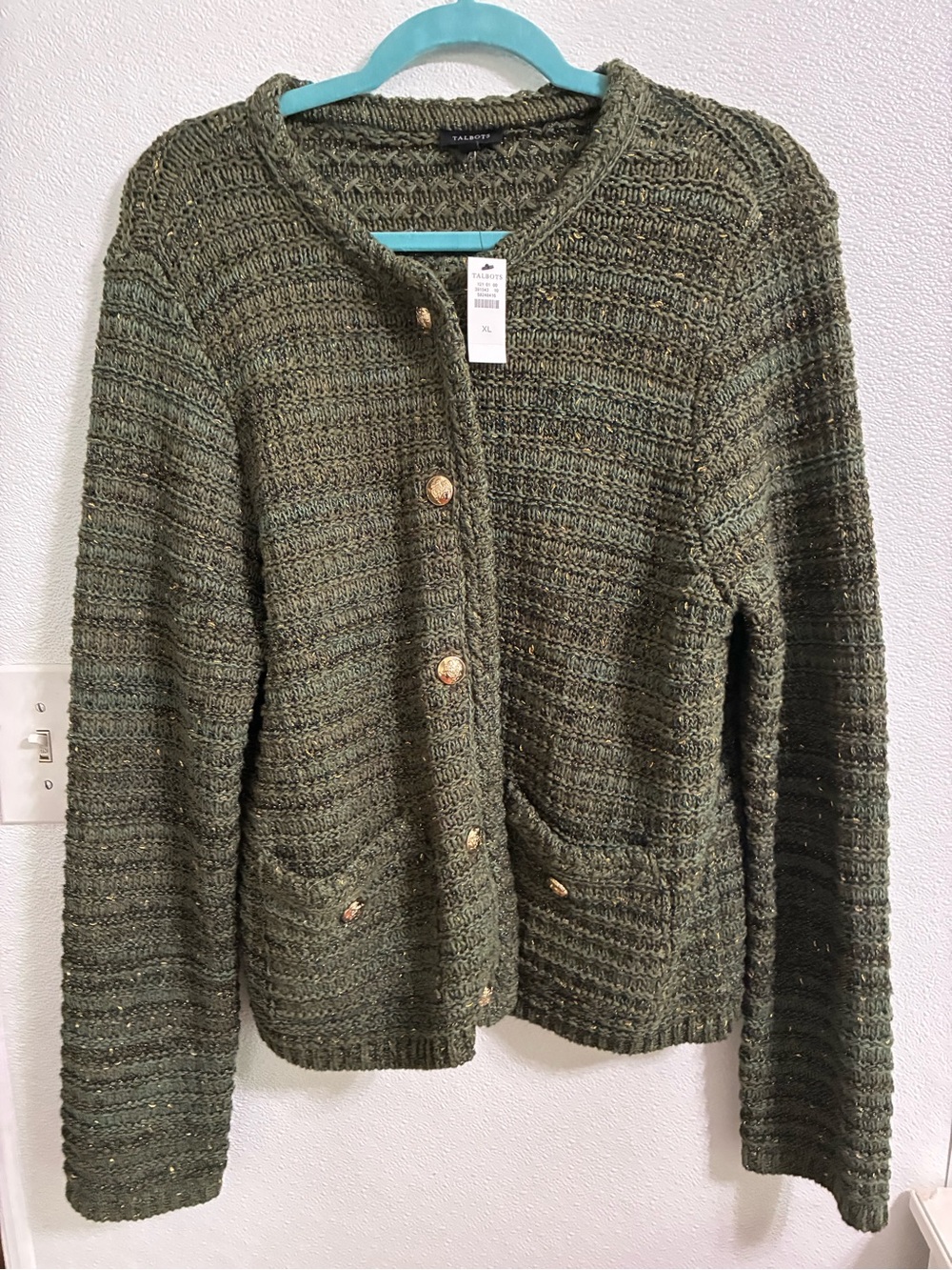 Talbots Olive Green with gold flecks Knit Button-Front Women's Sweater NWT XL
